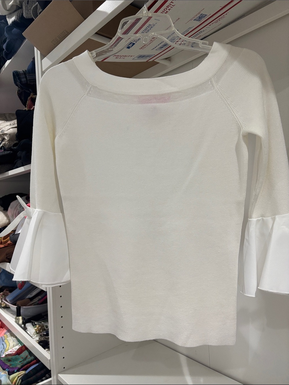 Catherines White Ruffle-Sleeve Knit Top with Sheer Panels
